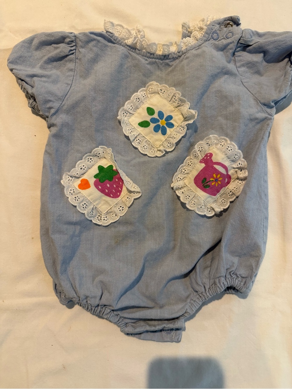 Vintage 1990s Light Blue Baby Romper with Lace Appliqués